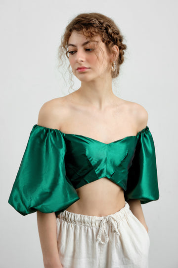 Green Balloon Sleeve Crop Top - Élan Studio LLC