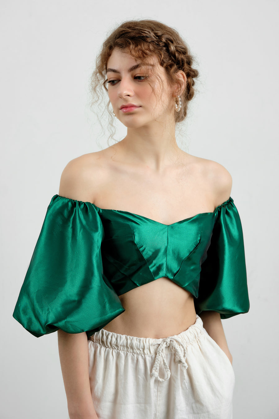 Green Balloon Sleeve Crop Top - Élan Studio LLC