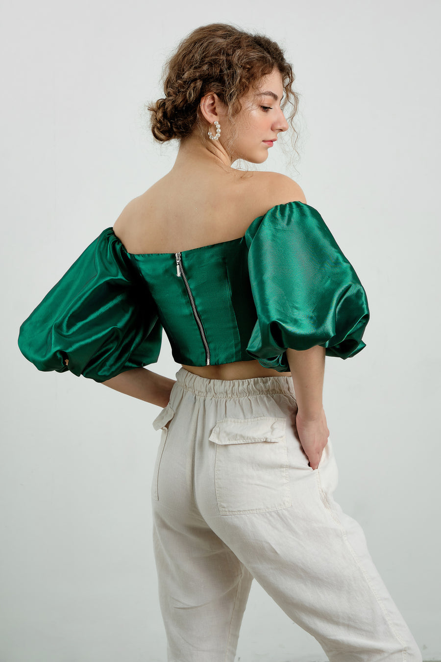 Green Balloon Sleeve Crop Top - Élan Studio LLC