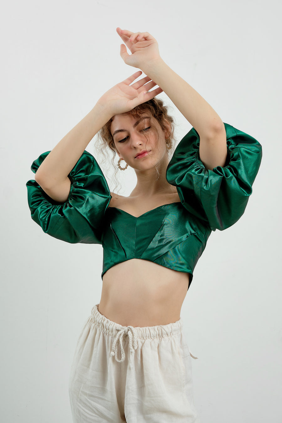 Green Balloon Sleeve Crop Top - Élan Studio LLC