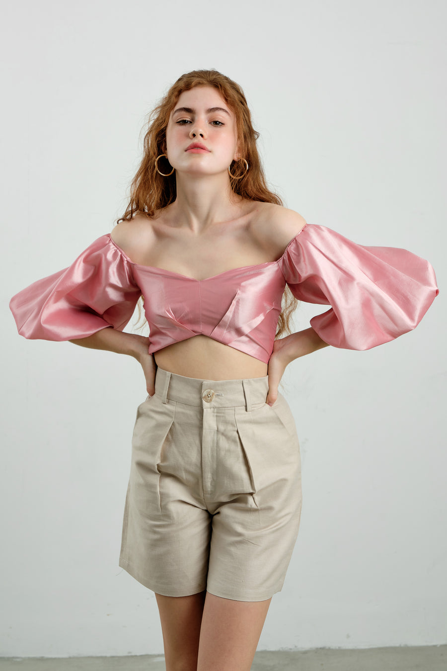 Pink Balloon Sleeves Crop Top - Élan Studio LLC