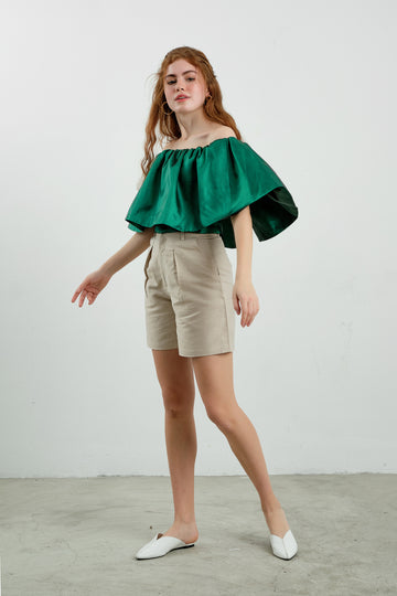 Green Ruffled Taffeta Off The Shoulder Top - Élan Studio LLC