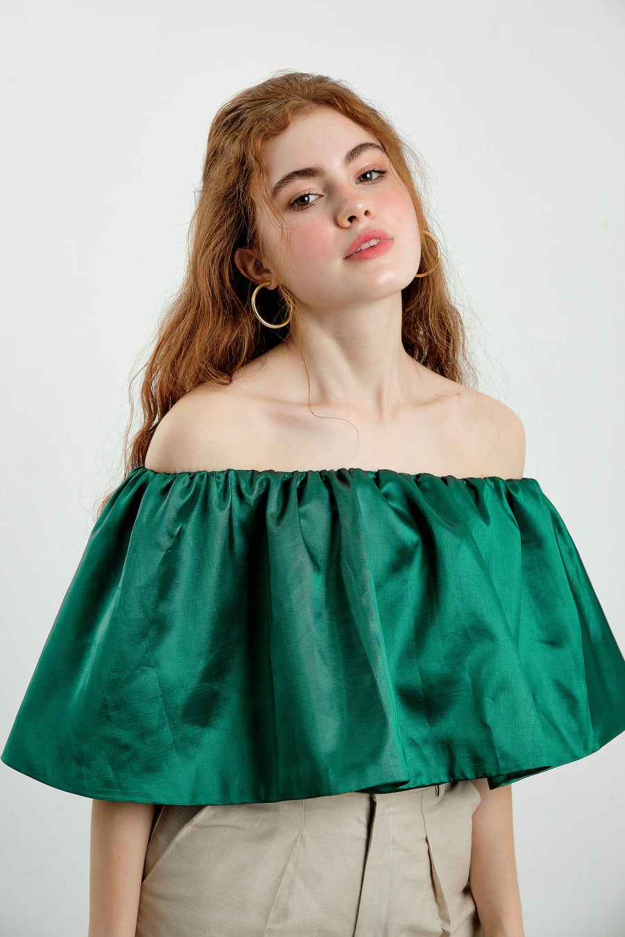 Green Ruffled Taffeta Off The Shoulder Top - Élan Studio LLC