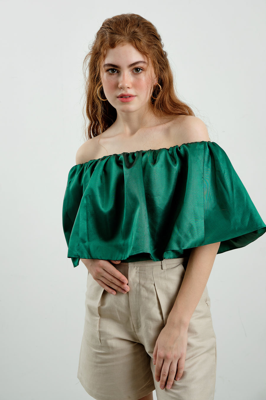 Green Ruffled Taffeta Off The Shoulder Top - Élan Studio LLC