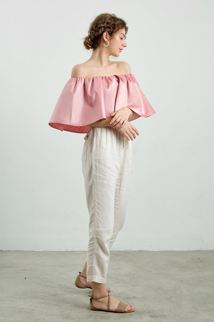 Pink Ruffled Taffeta Off The Shoulder Top - Élan Studio LLC