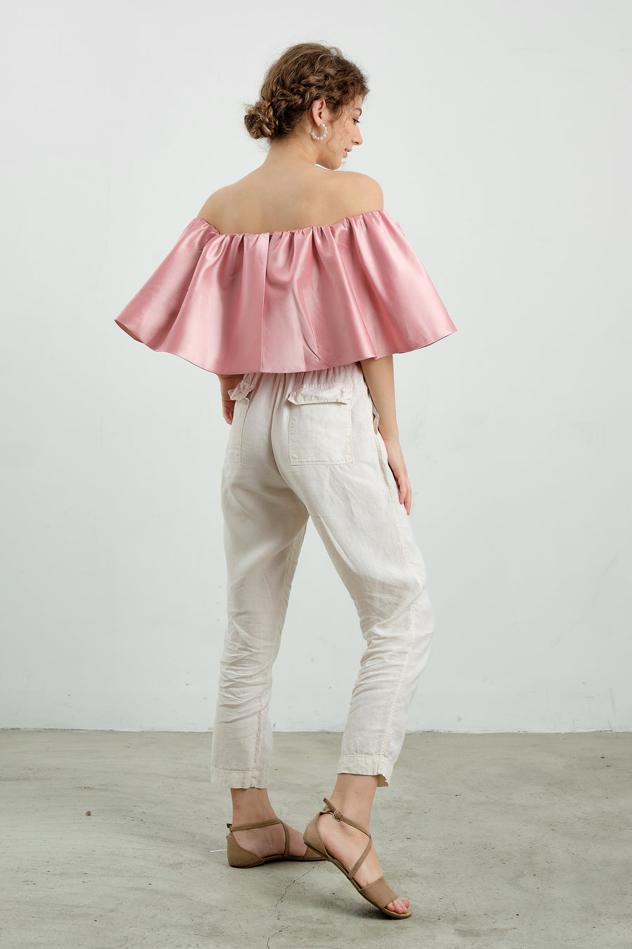 Pink Ruffled Taffeta Off The Shoulder Top - Élan Studio LLC