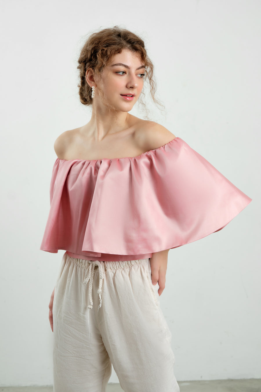 Pink Ruffled Taffeta Off The Shoulder Top - Élan Studio LLC