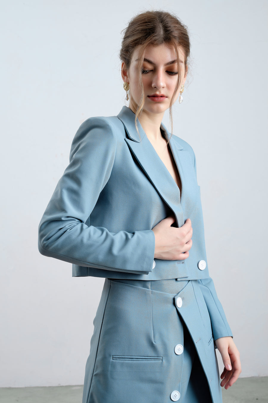 Baby Blue Long Sleeve Cropped Blazer with Mini Skirt - Élan Studio LLC