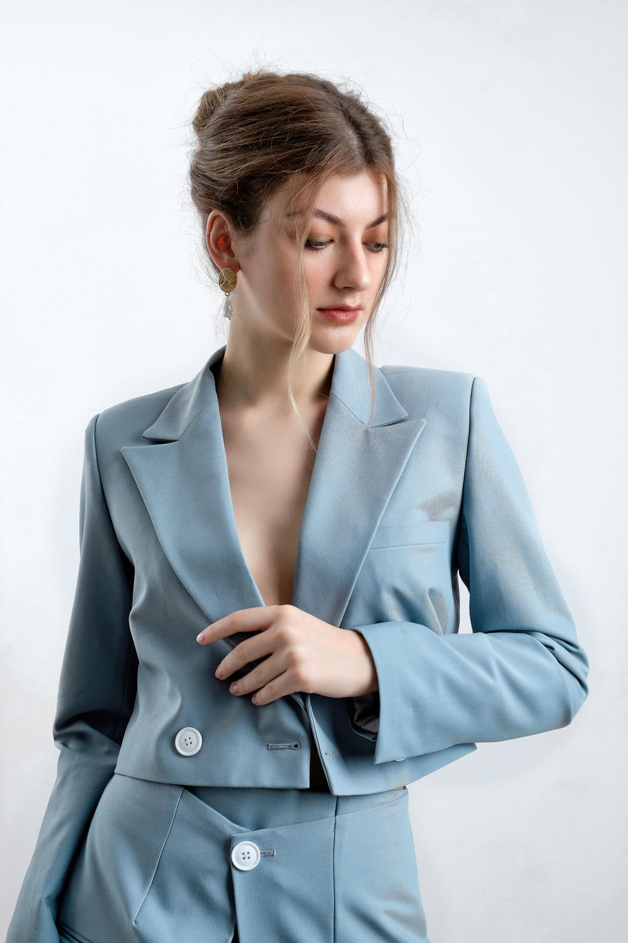 Baby Blue Long Sleeve Cropped Blazer with Mini Skirt - Élan Studio LLC