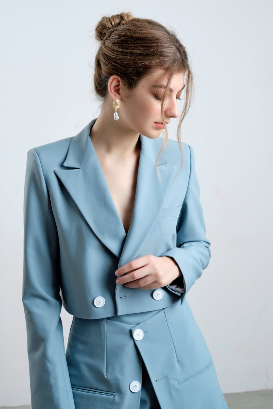 Baby Blue Long Sleeve Cropped Blazer with Mini Skirt - Élan Studio LLC