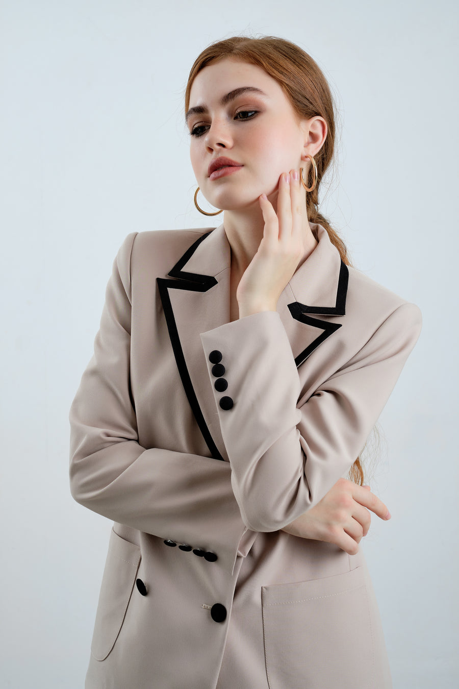 Black Detailed Collar Blazer and Pleated Skirt - Élan Studio LLC