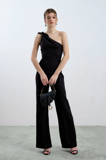 Asymmetrical Black Tied Ribbon Wide-Leg Jumpsuit - Élan Studio LLC