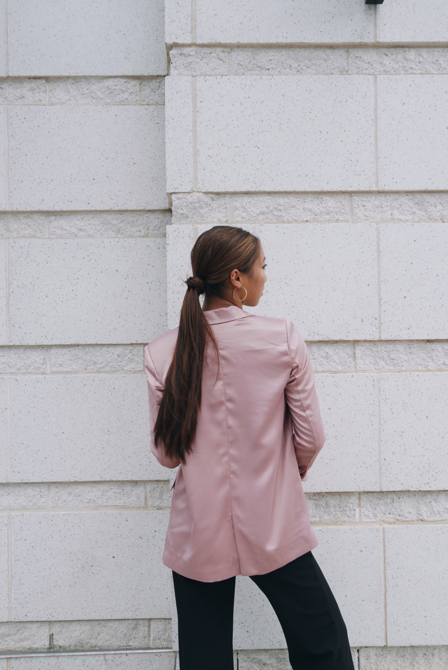 Longline Blush Satin Blazer - Élan Studio LLC