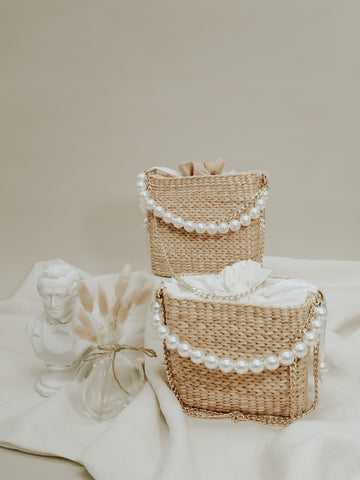 Square Strawbag with Pearl Handle (Cream)