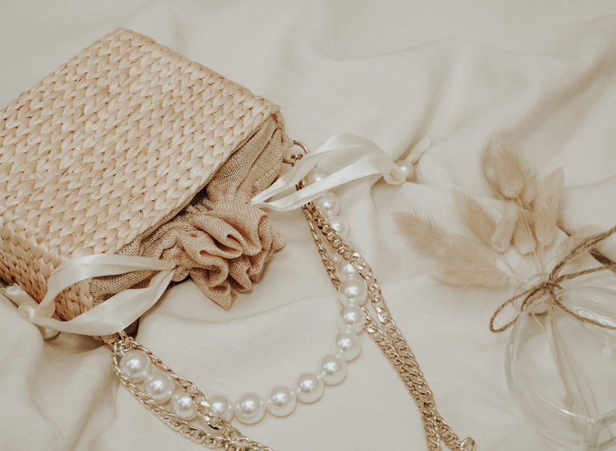 Mini Straw Bag with Pearl Handle (Beige) - Élan Studio LLC