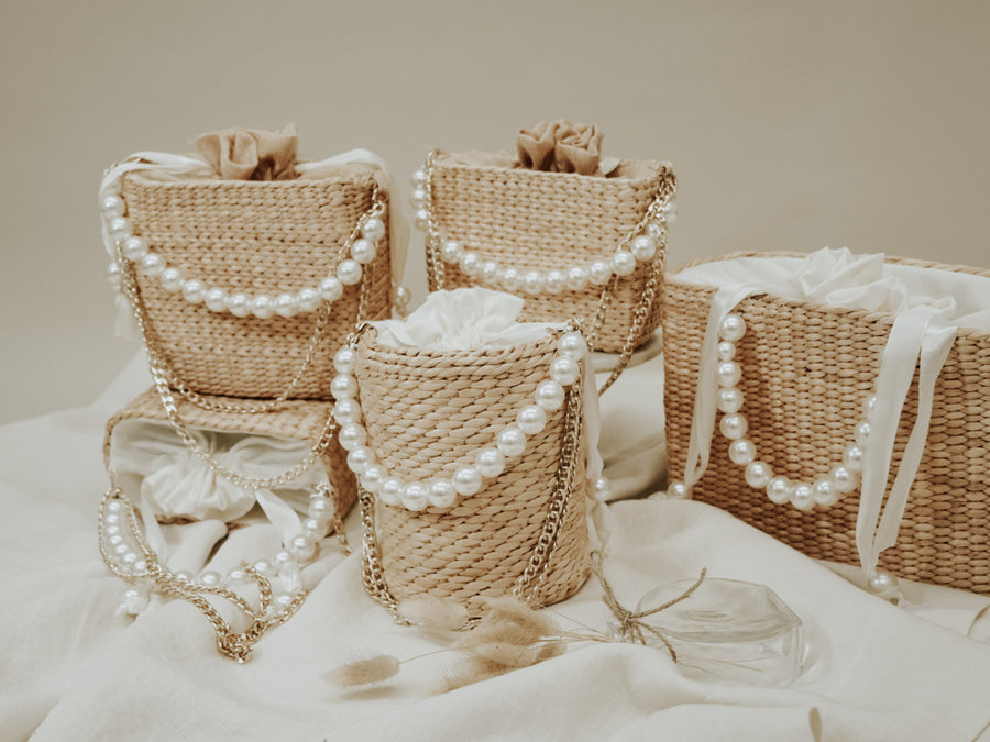 Mini Straw Bag with Pearl Handle (Beige) - Élan Studio LLC