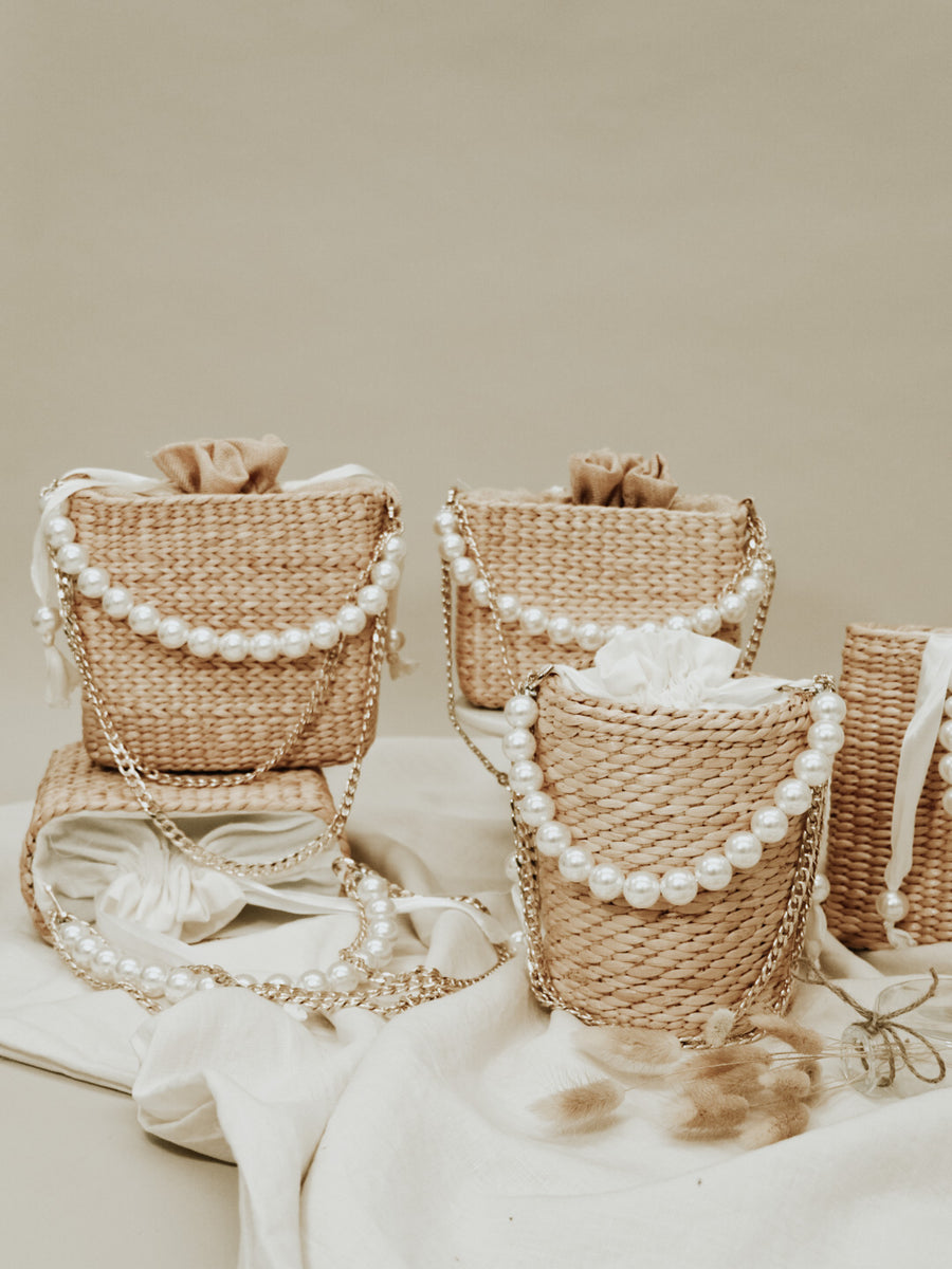 Mini Straw Bag with Pearl Handle (Beige) - Élan Studio LLC