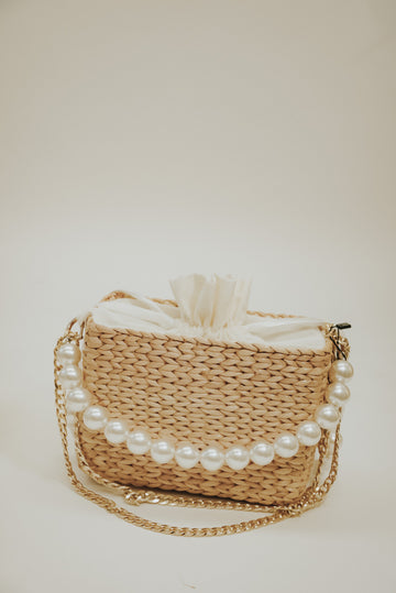 Mini Straw Bag with Pearl Handle (Cream)