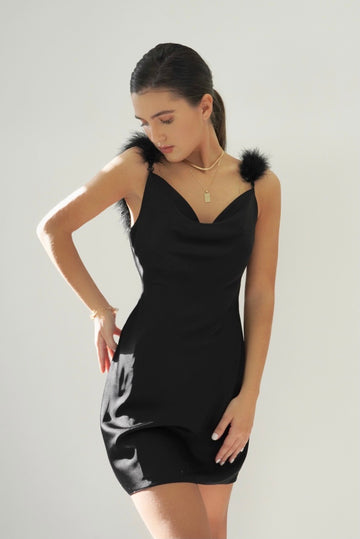 Kate Black Silk Slip Dress with Feather