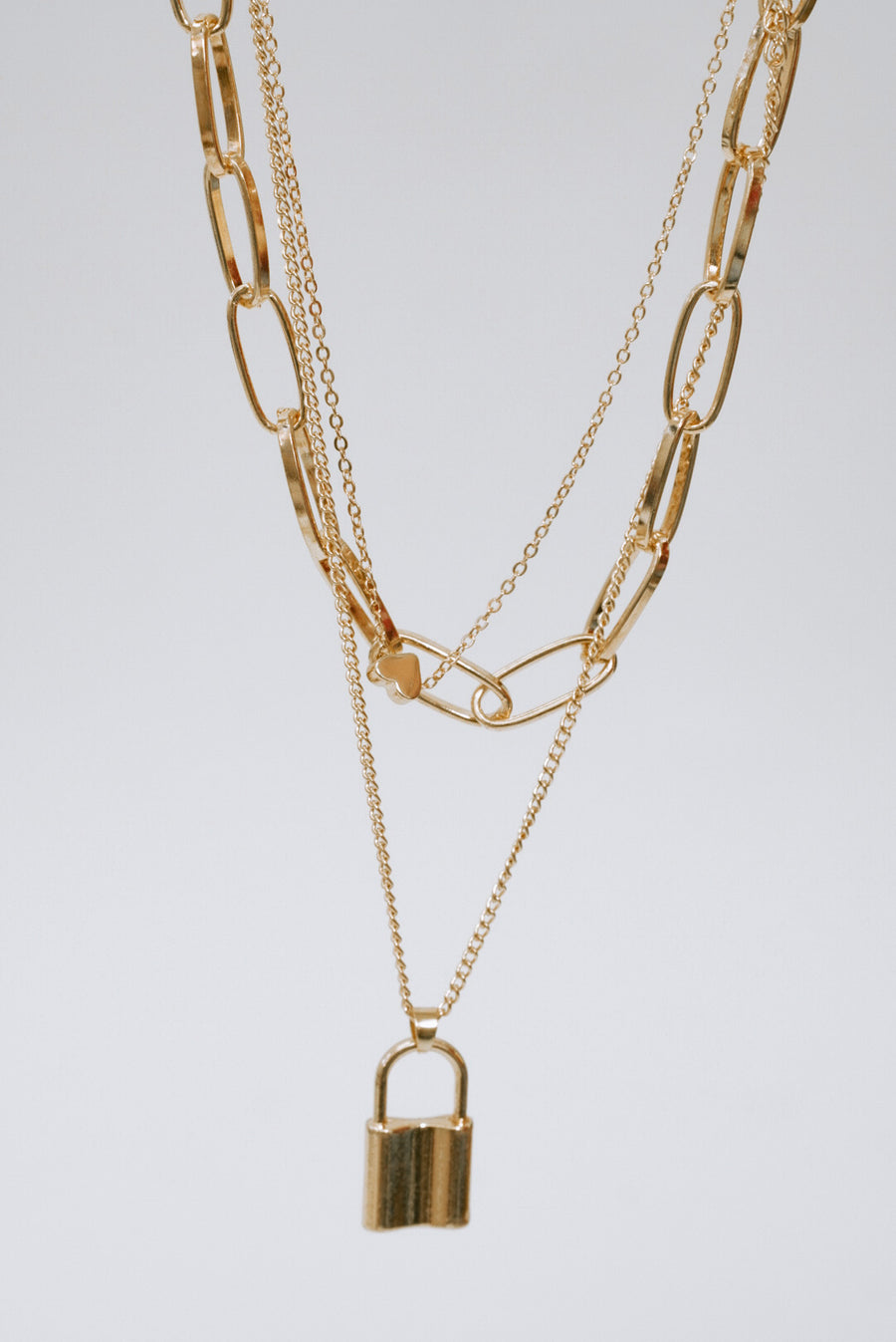 Gold Link Necklace with Lock Chain Set