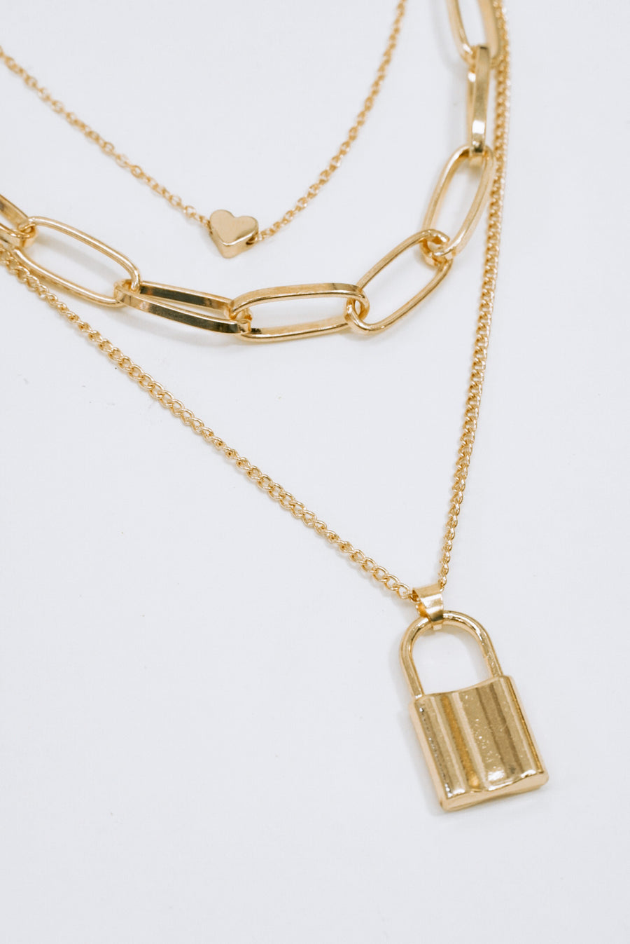 Gold Link Necklace with Lock Chain Set