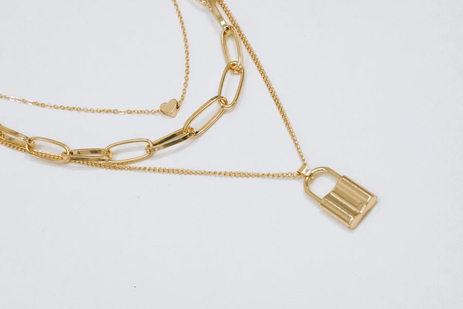 Gold Link Necklace with Lock Chain Set