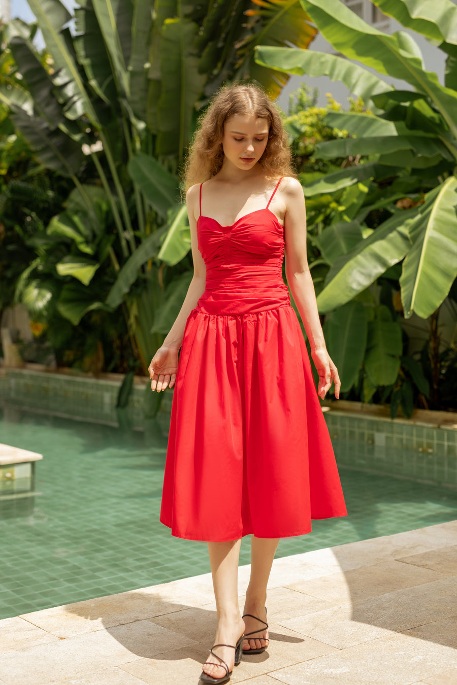 Red Ruby Ruched Midi Dress