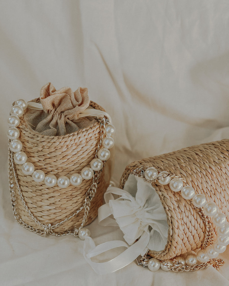 Bucket Strawbag with Pearl Handle ( Beige)