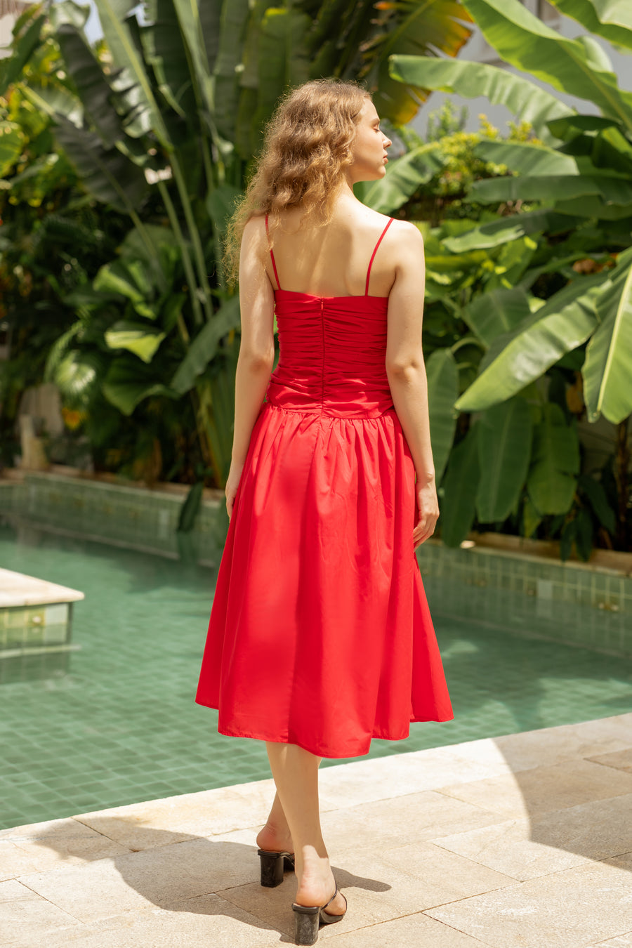 Red Ruby Ruched Midi Dress