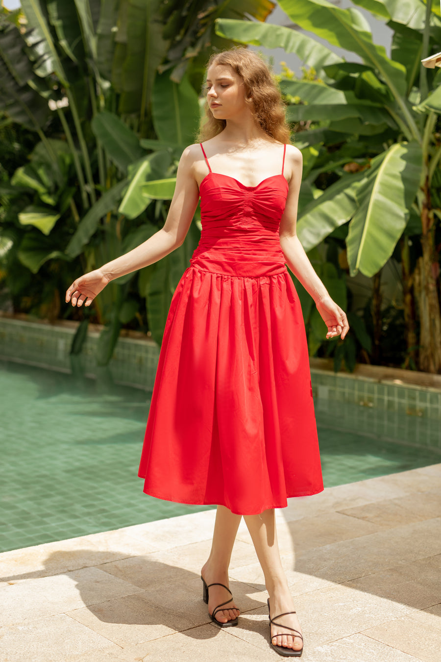 Red Ruby Ruched Midi Dress